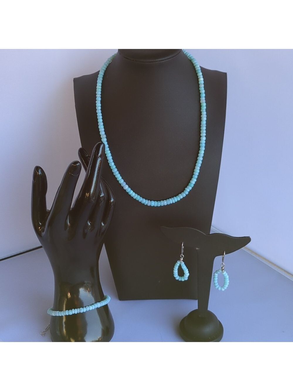 925 Sterling silver‎ Light Blue Beaded Jewelry Set/Necklace, bracelet, earrinngs